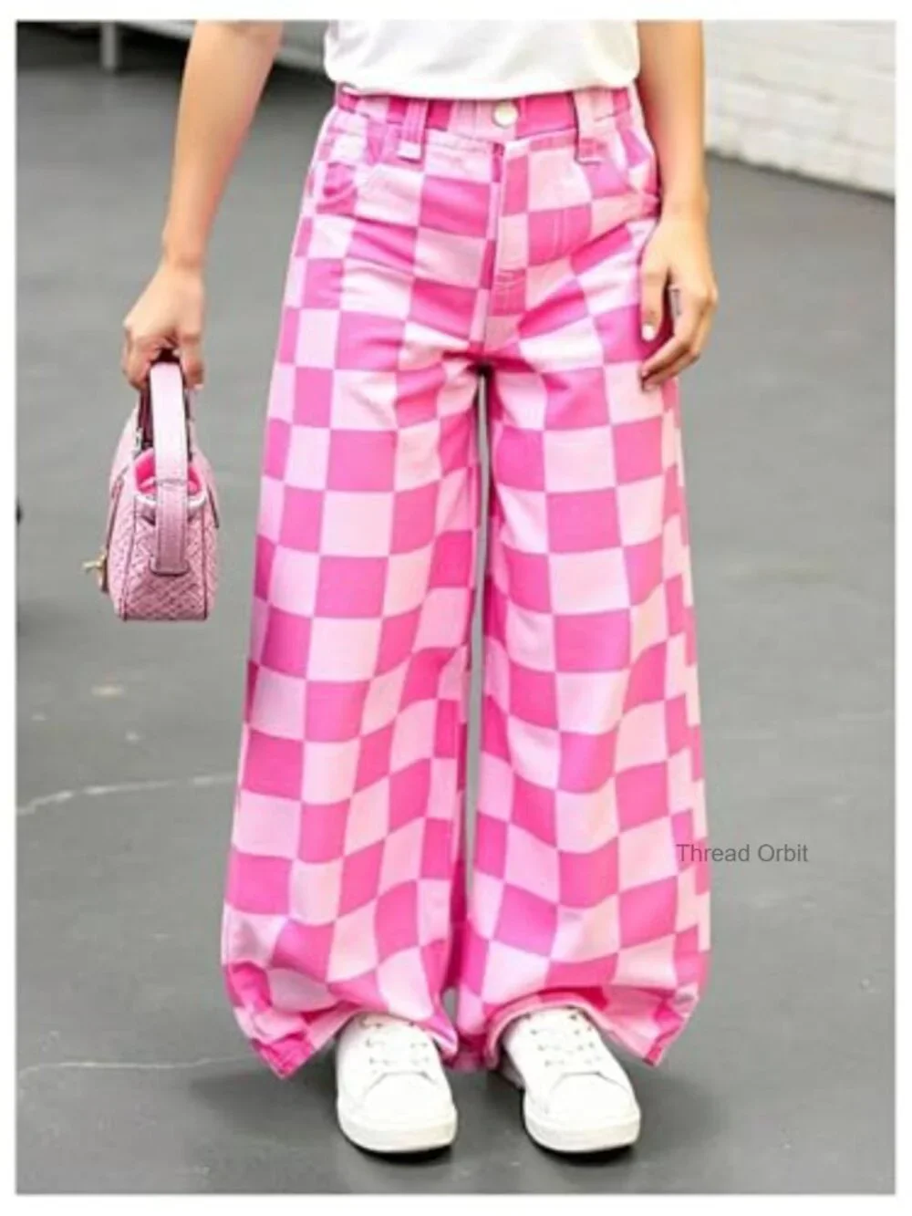 Girls Checkered Wide Leg Baggy Jeans High Waist Elastic Waist Pockets Streetwear